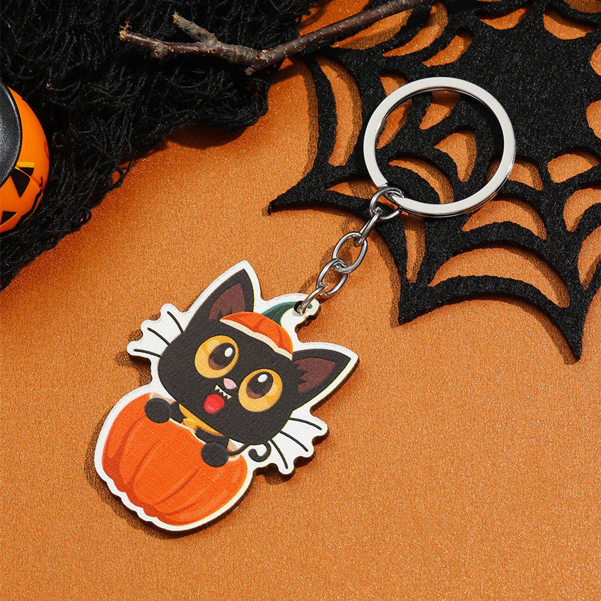 Wholesale Halloween Cartoon Bats, Ghosts, Kittens, Skeletons, Spiders, Pumpkins, Wooden Keychains